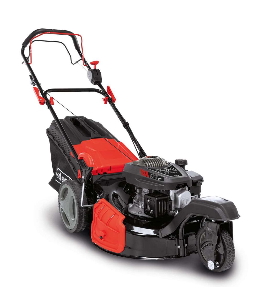 Benzin-Rasenmäher MS197-51-3W von Scheppach, seitliche Ansicht.